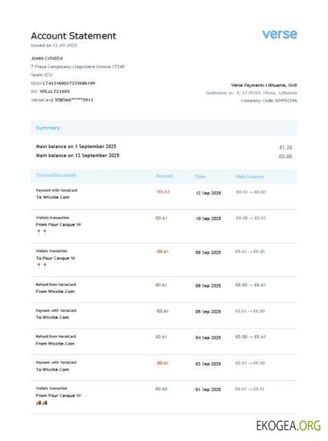 Modèle Word et PDF de relevé de compte Lituanie Verse Payments